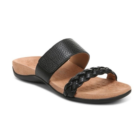Vionic Jeanne 10 Leather Sandal Black Braided Slide Orthotic Adjustable Arch - Picture 1 of 8